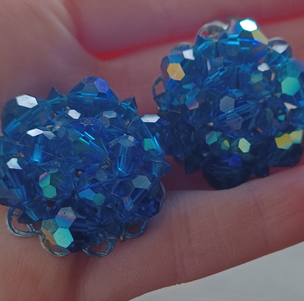 Blue Aurora Borealis Bead Clip Earrings - Picture 5 of 6